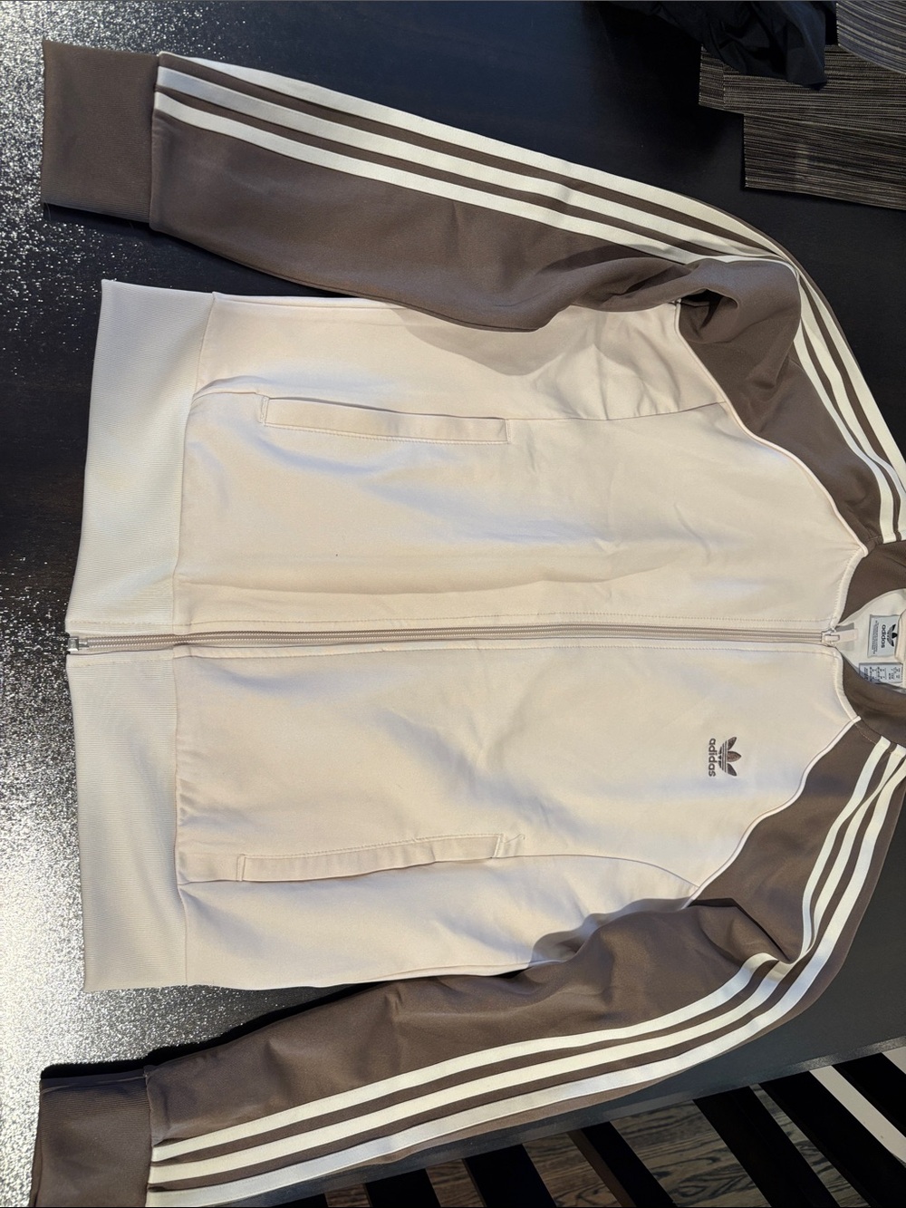 adidas Women's Cream and Brown Three-Stripe Track Jacket